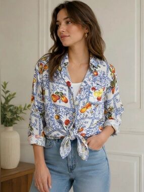 Rose & Olive Blue Tile and Fruit Print Button-Up Shirt